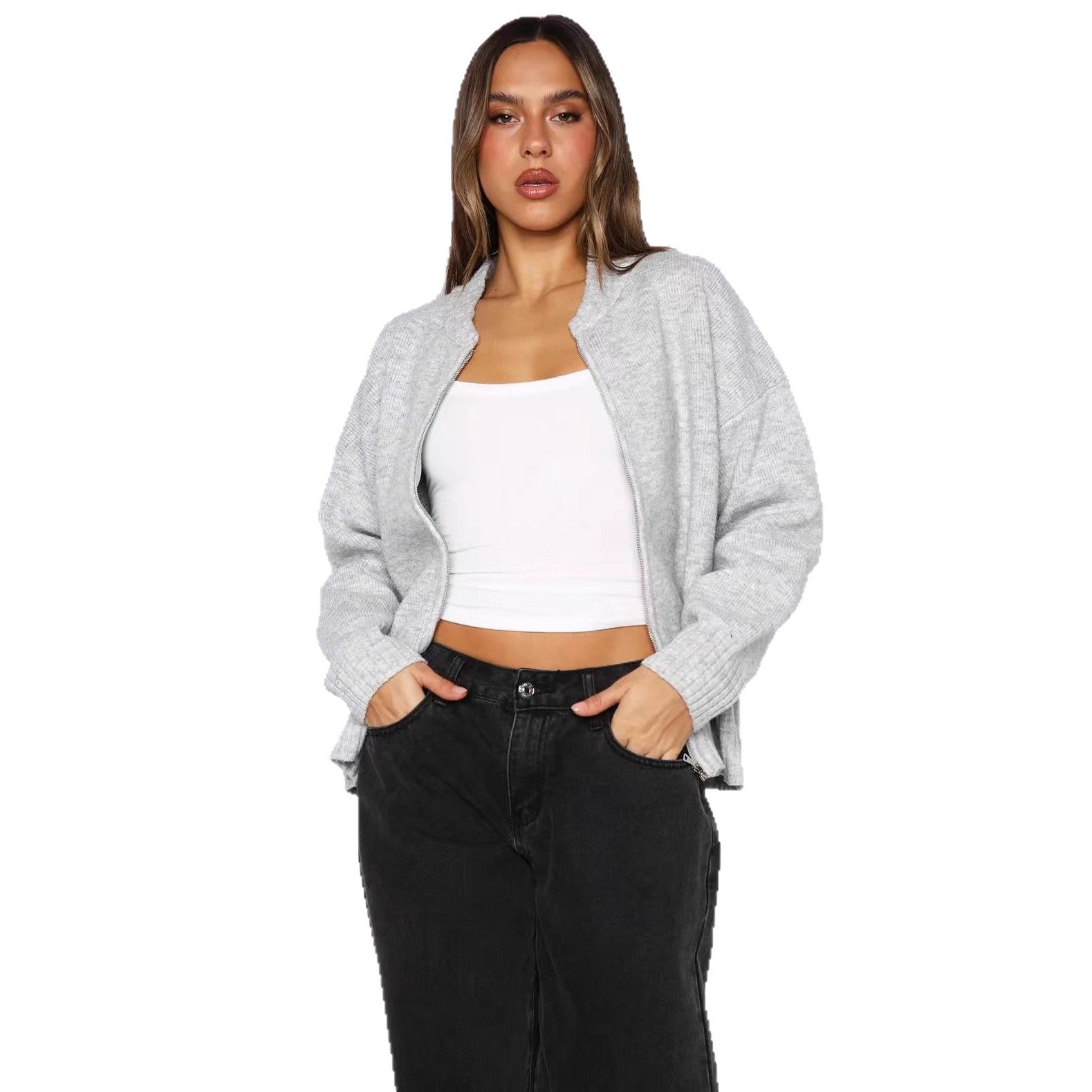 Damen Strickjacke mit kurzem Schnitt und sportlichem Reißverschluss R&B