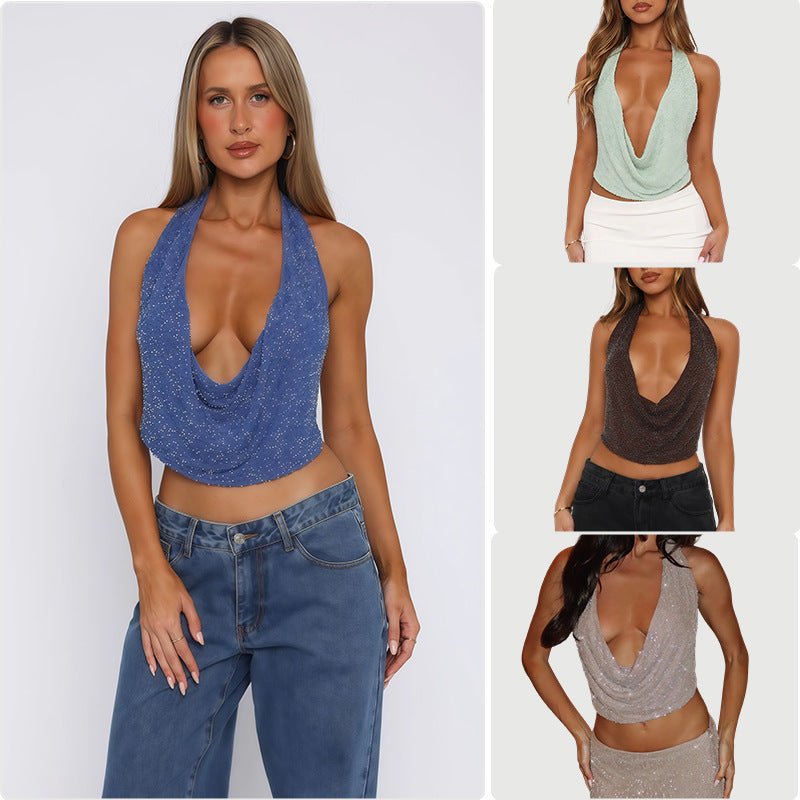 Damen Cowl-Neck Top mit funkelnder Gestaltung und tiefem Ausschnitt R&B