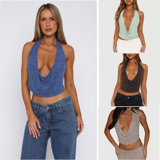 Damen Cowl-Neck Top mit funkelnder Gestaltung und tiefem Ausschnitt R&B
