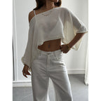 Damen Flockiges Crop-Top mit asymmetrischem Design und tiefem Ausschnitt R&B