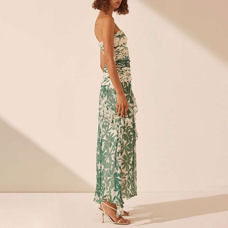 Damen schulterfreies Maxikleid mit Rüschendetails und floralem Muster R&B