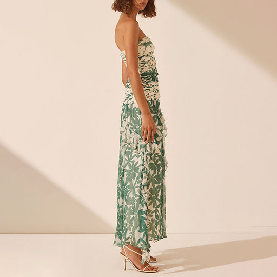 Damen schulterfreies Maxikleid mit Rüschendetails und floralem Muster R&B