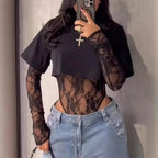 Damen Bodyshirt mit transparenten Spitzenärmeln und lässigem Schnitt R&B