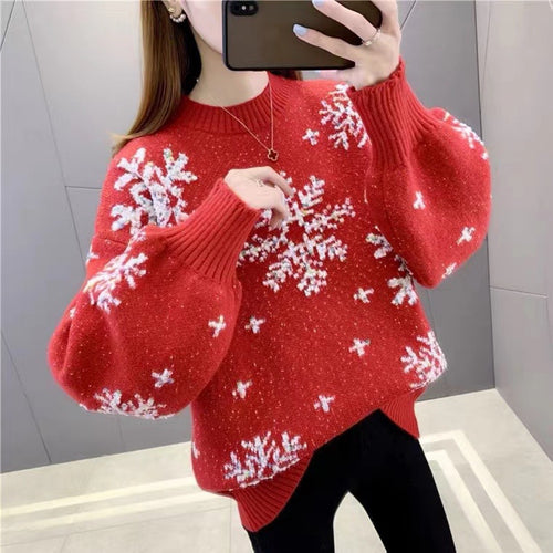 Damen Strickpullover mit Wintermotiv und Puffärmeln R&B