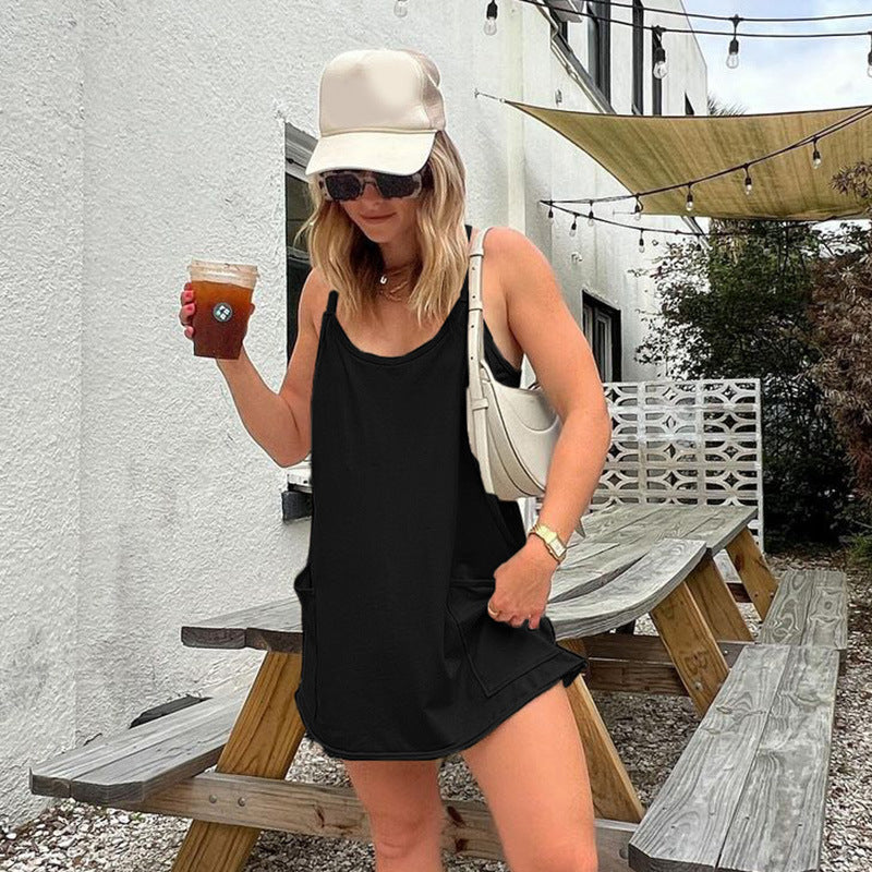 Damen ärmelloses Freizeitkleid mit Taschen und verstellbaren Trägern R&B