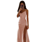 Damen Elegantes Raffung Hoher Schlitz Maxi Kleid R&B