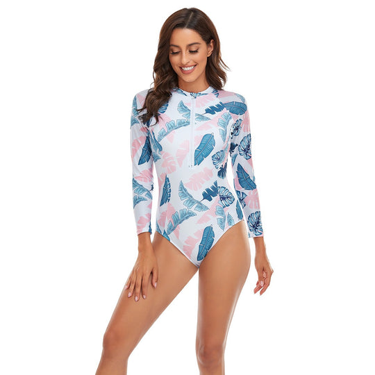 Damen Sportlicher Langarm-Badeanzug mit floralem Muster R&B