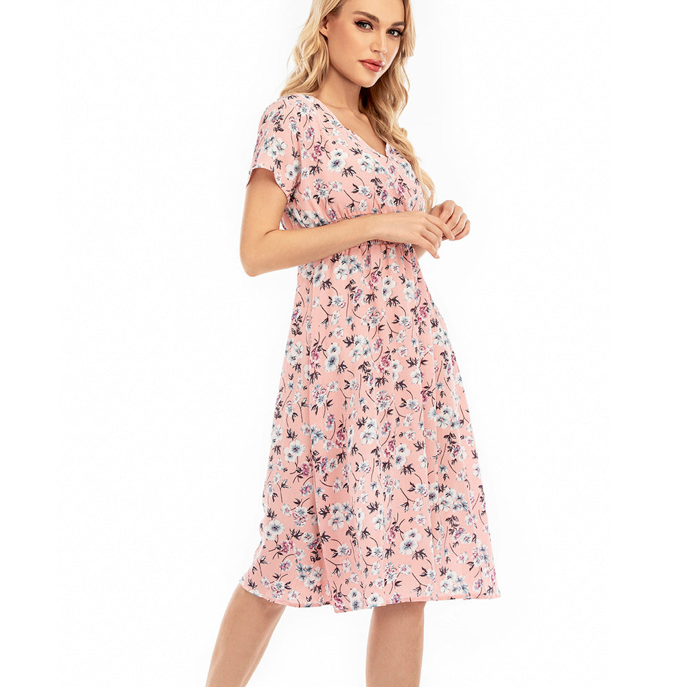 Damen langärmliges Kleid mit floralem Design und elastischem Taillenbund R&B