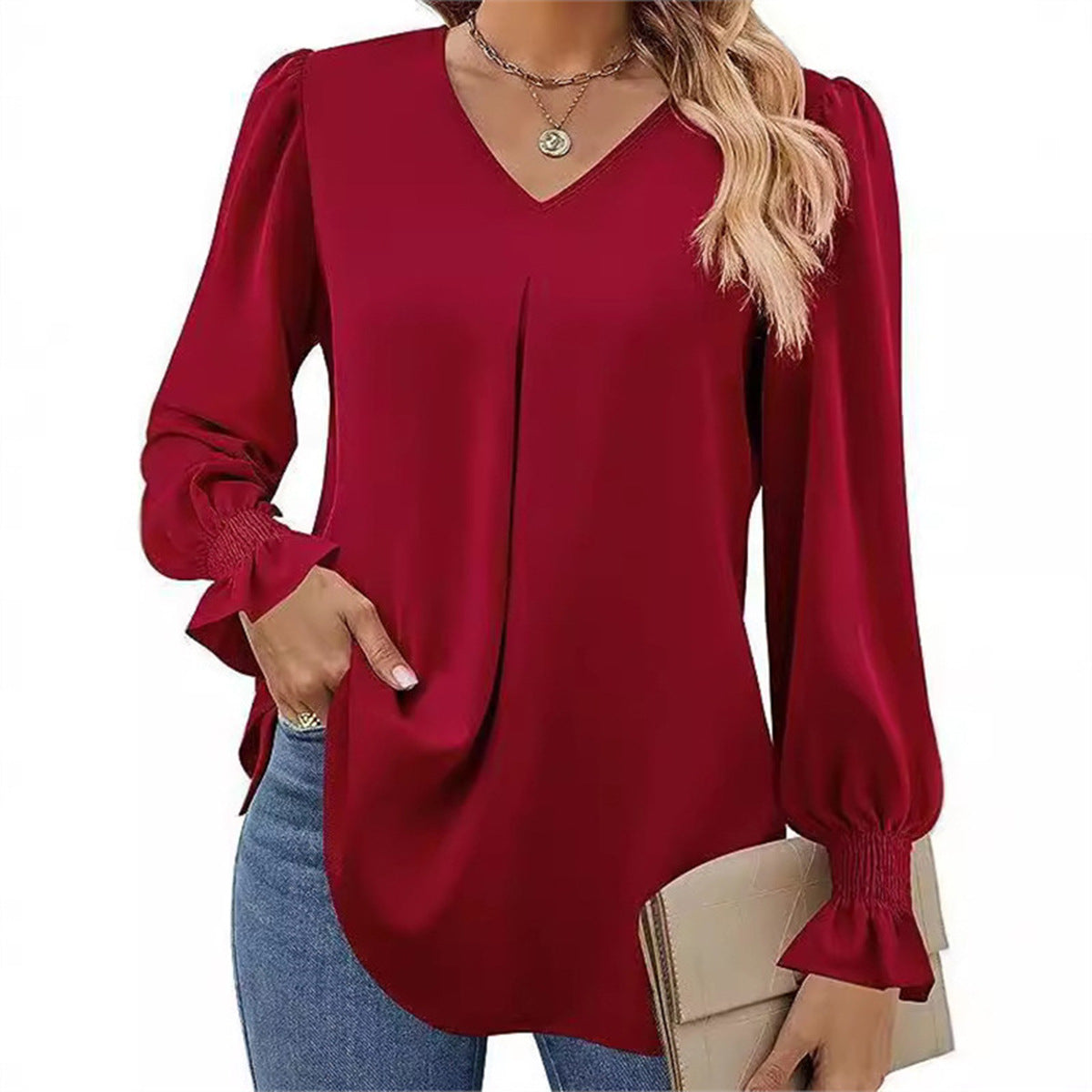 Damen fließende V-Ausschnitt Bluse mit eleganten Puffärmeln R&B