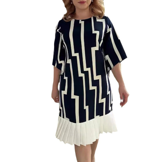 Damen nan grafisches A-Linienkleid mit plissiertem Saum und dreiviertelärmeln R&B
