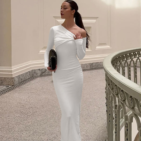 Damen Elegantes langärmliges Kleid mit asymmetrischem Ausschnitt R&B