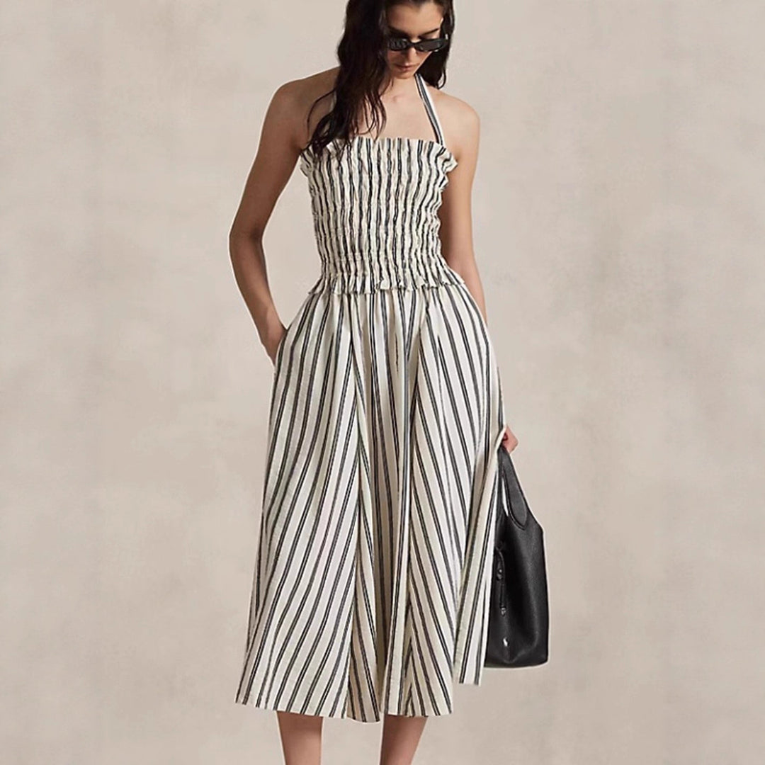 Damen nan Midikleid mit gerafftem Smock-Oberteil, abnehmbarem Neckholder und Eingrifftaschen R&B