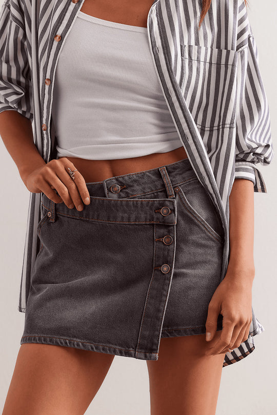 Damen modischer A-Linien-Denimrock mit asymmetrischem Knopfdesign und praktischen Taschen R&B
