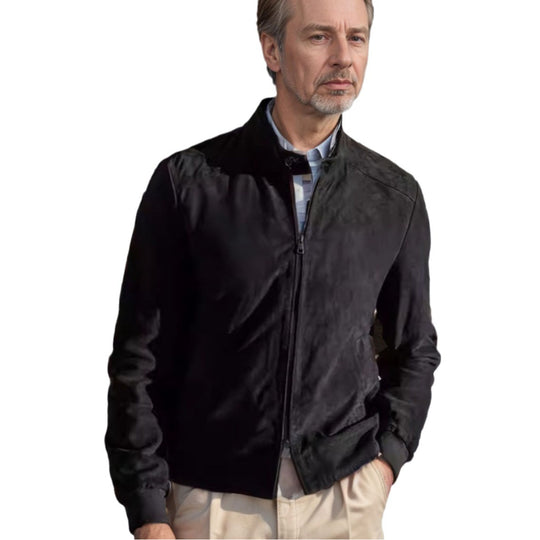 Herren lässige Wildlederjacke mit Stehkragen und seitlichen Reißverschlusstaschen R&B