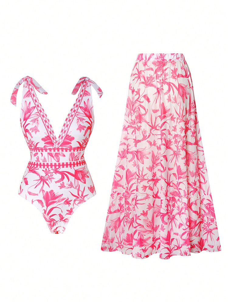 Damen Badeanzug mit floralem Design und passendem Maxiskirt R&B