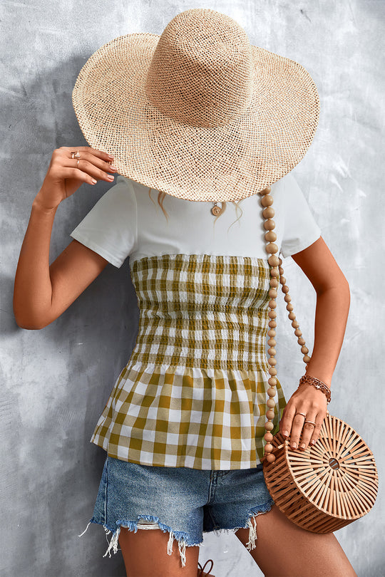 Damen Peplum-Oberteil mit kariertem Stoff und elastischer Taillierung R&B