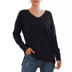 Damen eleganter V-Ausschnitt Pullover mit asymmetrischem Saum R&B