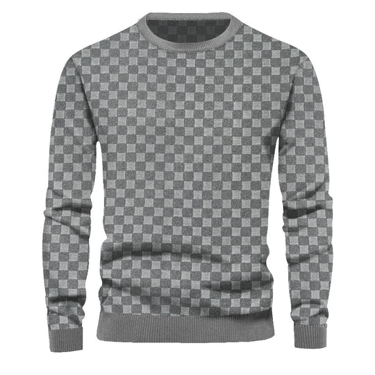Herren nan feinstrukturierter Rundhals-Pullover mit Karo-Relief und gerippten Bündchen R&B