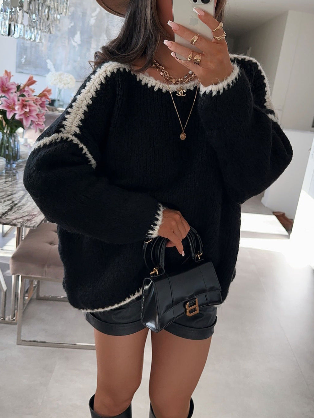 Damen Grobstrickpullover mit kontrastierendem Abschluss und lockerem Schnitt R&B