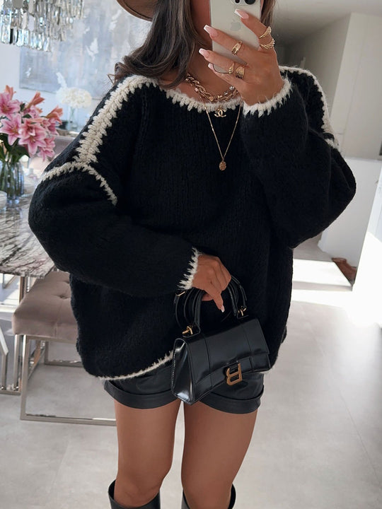 Damen Grobstrickpullover mit kontrastierendem Abschluss und lockerem Schnitt R&B