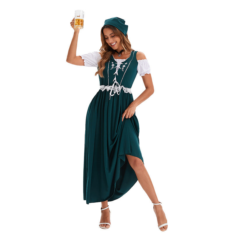 Damen nan langes Trachtenkleid im Dirndlstil mit Corsage-Schnürung und Spitzenbund R&B