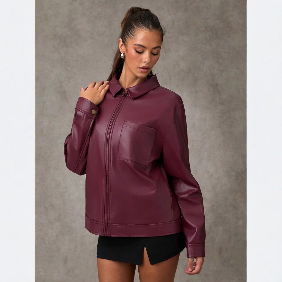 Damen Kunstlederjacke mit oversized Schnitt und praktischer Brusttasche R&B
