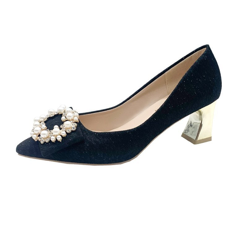 Damen elegante High Heels mit perlbesetztem Schleifenakzent und blockiertem Absatz R&B