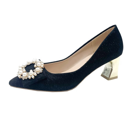 Damen elegante High Heels mit perlbesetztem Schleifenakzent und blockiertem Absatz R&B