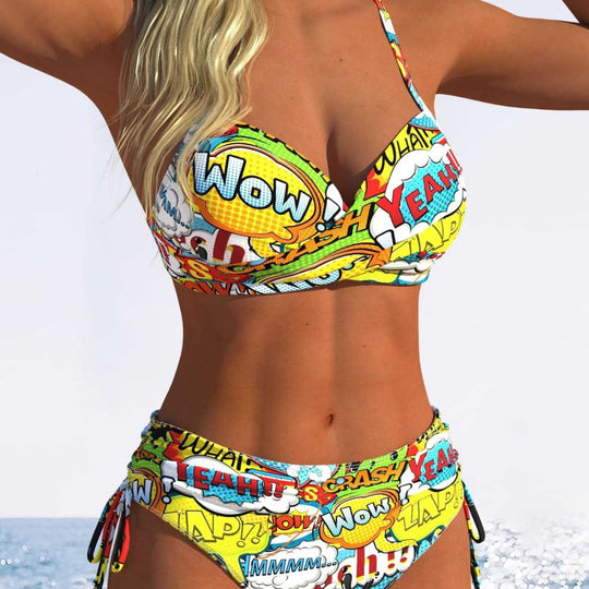 Damen Bikini-Set mit verspieltem Comic-Print und verstellbaren Seitenschnüren R&B