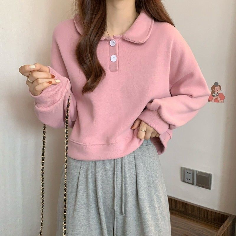 Damen Kurzarm Sweatshirt mit modischem Kragen und dekorativen Knöpfen R&B