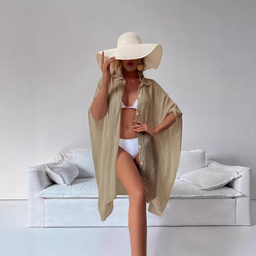 Damen lässiger Strandüberwurf mit weit geschnittenen Ärmeln und Knopfleiste R&B