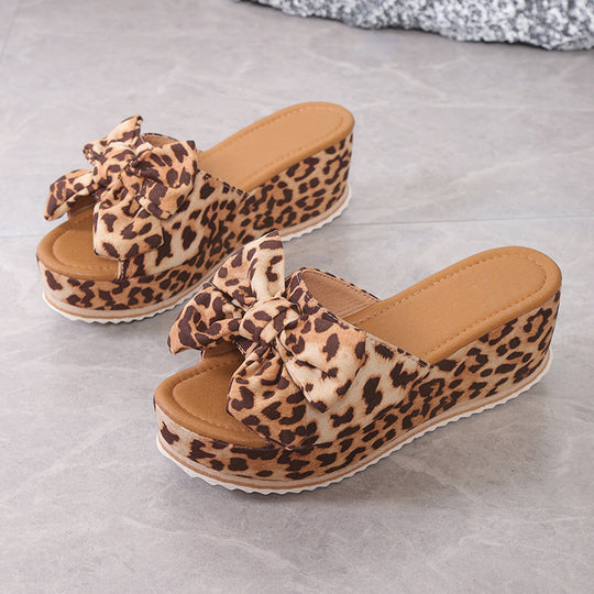 Damen Plattform-Sandalen mit modischem Leopardenmuster und eleganter Schleife R&B