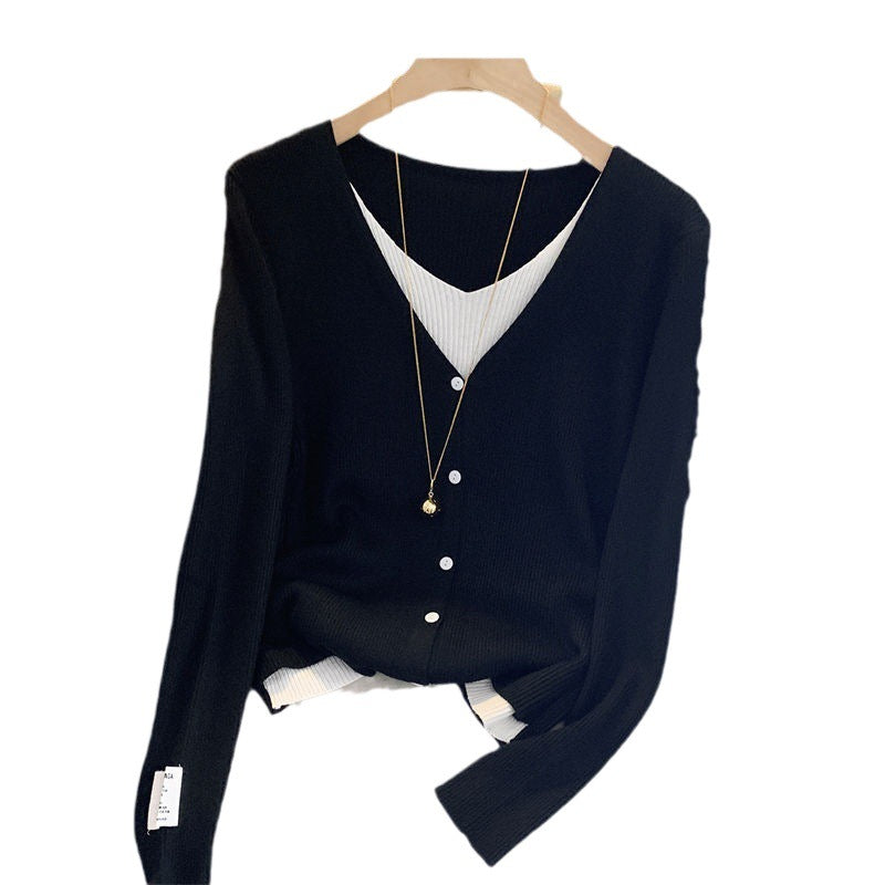 Damen lässige Strickjacke mit feiner Rippstruktur und tiefem V-Ausschnitt R&B