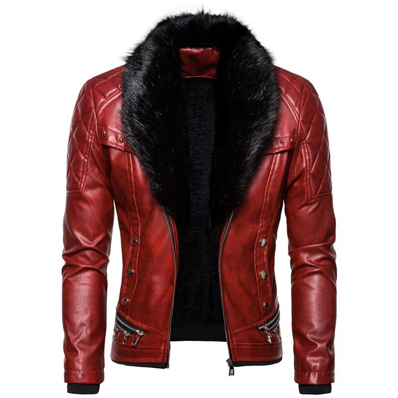 Herren Bikerjacke mit Kunstfellkragen und gesteppten Details R&B