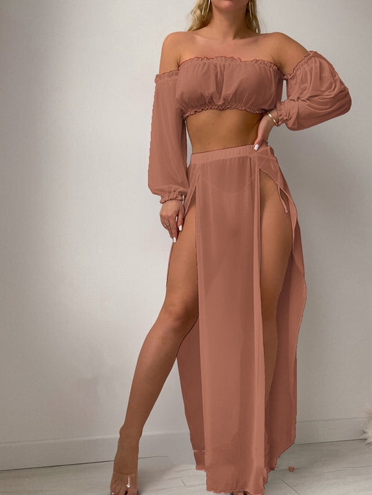 Damen Elegantes Strandkleid mit schulterfreiem Design und tiefen Seitenschlitzen R&B