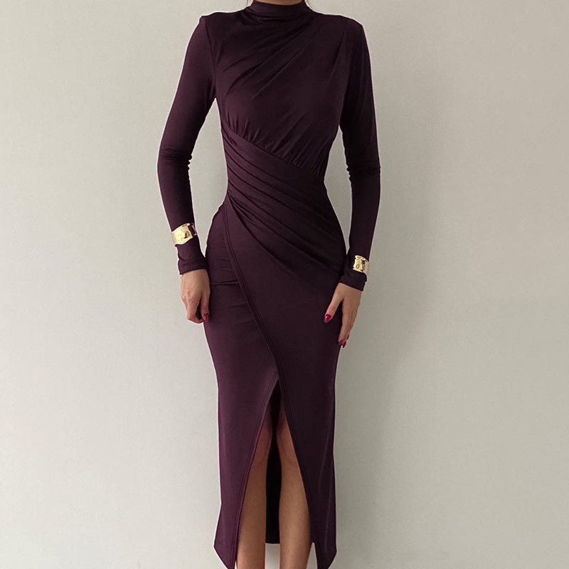 Damen Langarm-Maxikleid mit elegantem Drapierungsdetail und hochgeschlossenem Ausschnitt R&B