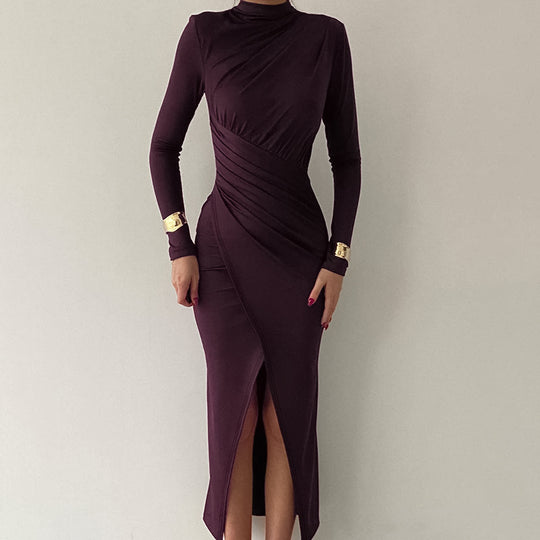 Damen Langarm-Maxikleid mit elegantem Drapierungsdetail und hochgeschlossenem Ausschnitt R&B