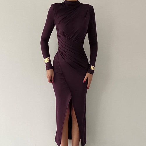 Damen Langarm-Maxikleid mit elegantem Drapierungsdetail und hochgeschlossenem Ausschnitt R&B