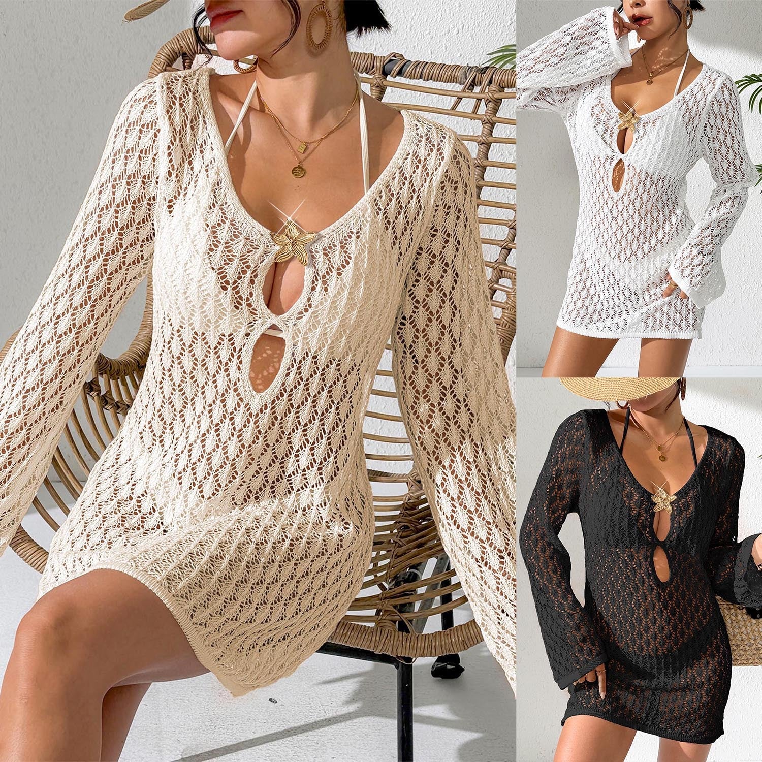 Damen gehäkelter Strandüberwurf mit stylischem V-Ausschnitt und eleganten Ärmeln R&B