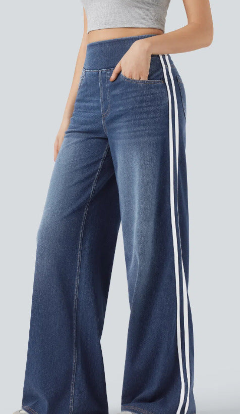 Damen weite Denim-Hose mit seitlichem Streifen und hohem Bund R&B