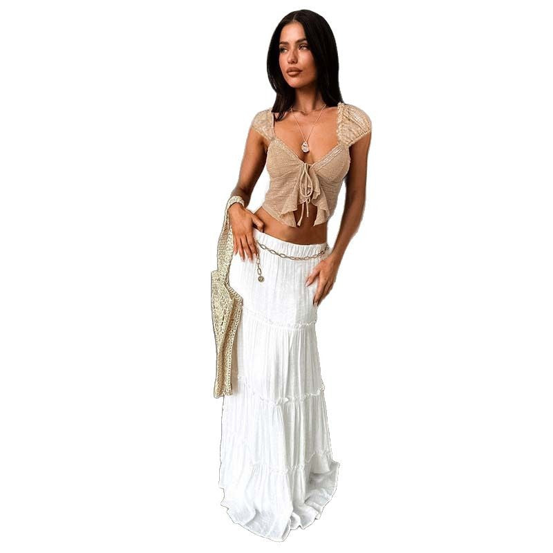 Damen Spitzen-Crop-Top mit romantischem Design und zarten Rüschendetails R&B