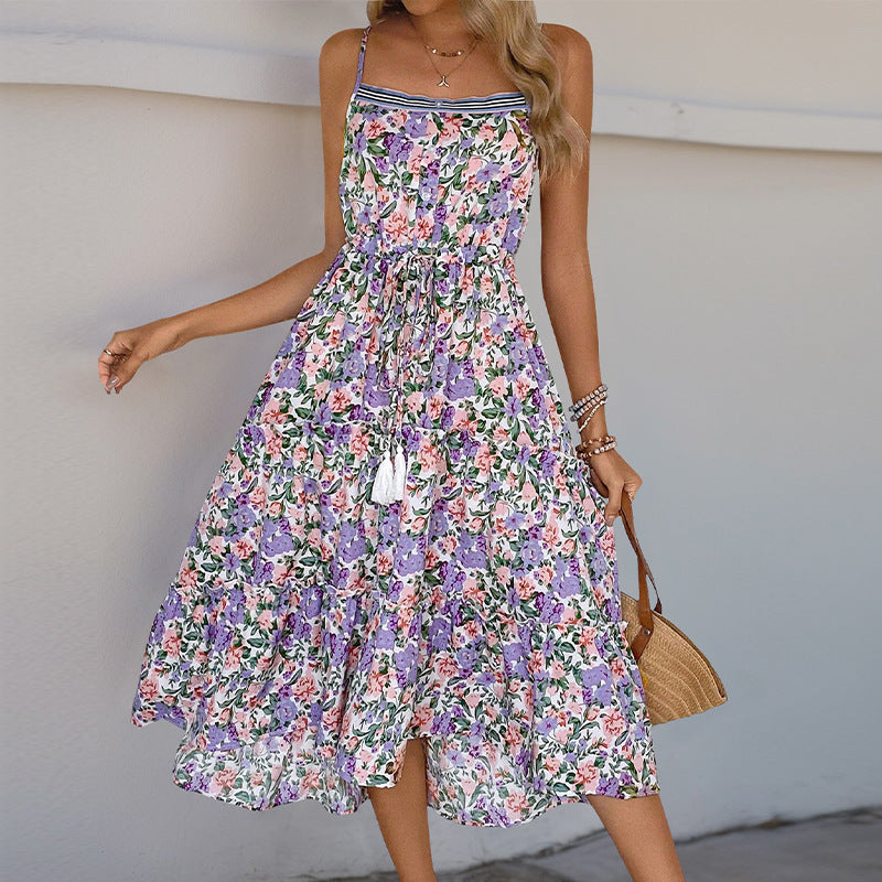 Damen Maxikleid mit floralem Design und verstellbarem Taillenzug R&B
