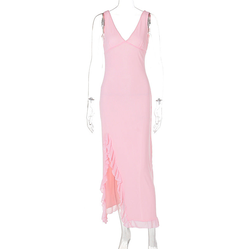 Damen Maxikleid mit tiefem Schlitz und eleganten Rüschendetails R&B
