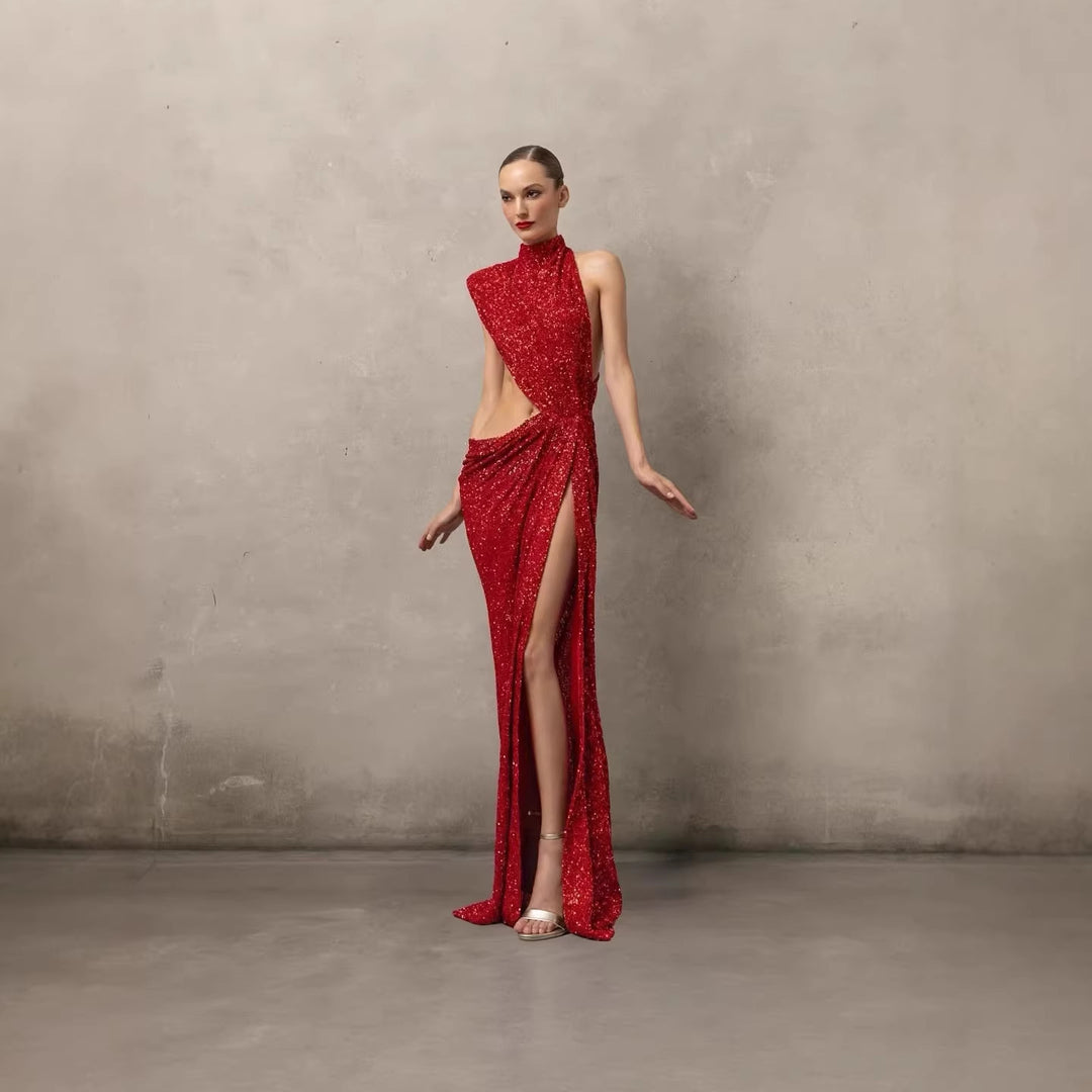 Damen glamouröses Abendkleid mit asymmetrischem Schnitt und glitzerndem Stoff R&B