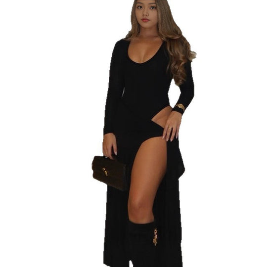 Damen Elegantes Maxikleid mit tiefem V-Ausschnitt und seitlichem Schlitz R&B