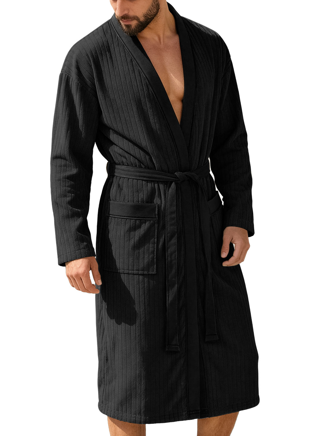 Herren nan wadenlanger Rippen-Bademantel im Kimono-Stil mit Schalkragen und Kontrastpaspel R&B