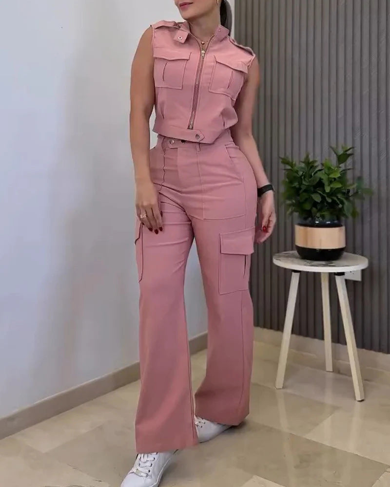 Damen Cargo-Jumpsuit mit kurzem Oberteil und praktischen Taschen R&B