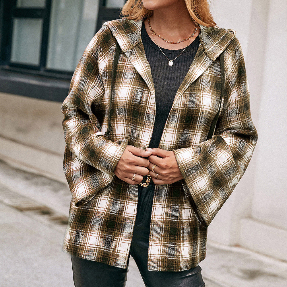 Damen Karo Overshirtjacke im lässigen Stil mit Kapuze und weiten Ärmeln R&B