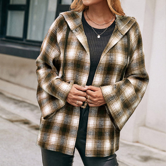 Damen Karo Overshirtjacke im lässigen Stil mit Kapuze und weiten Ärmeln R&B