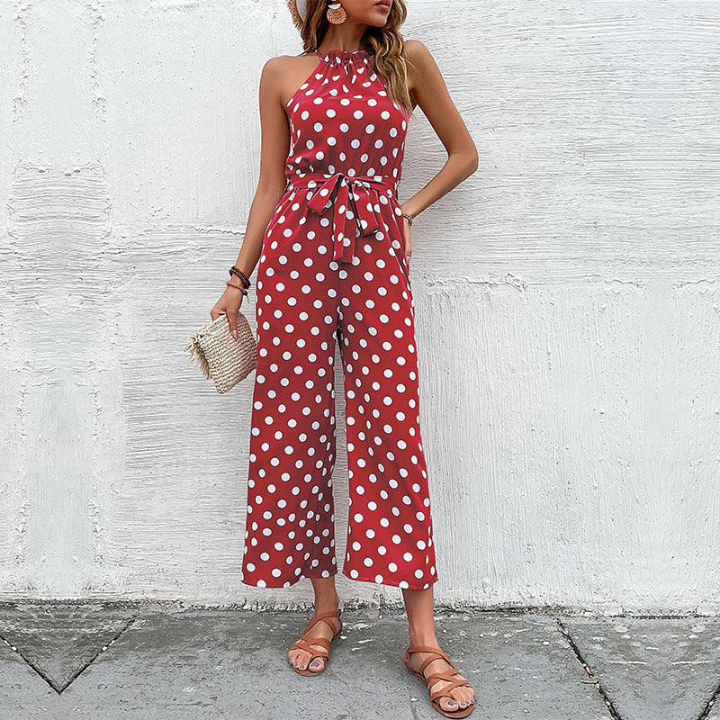 Damen eleganter Jumpsuit mit verstellbarem Bindegürtel und modischem Punkte-Design R&B